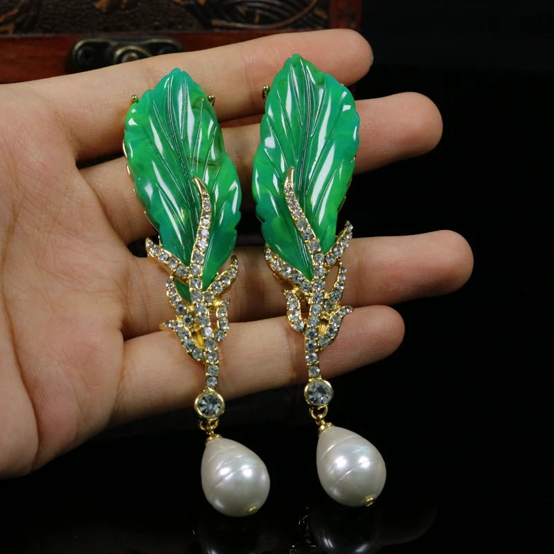 Green Leaves Long Pendant Baroque Style Earrings Pendant Acc