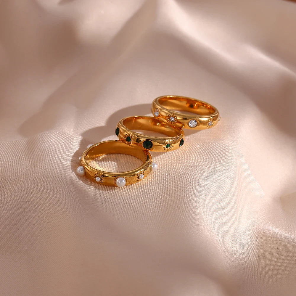 18K Gold Plated Green Zircon Pearl Rings For Women Waterproo