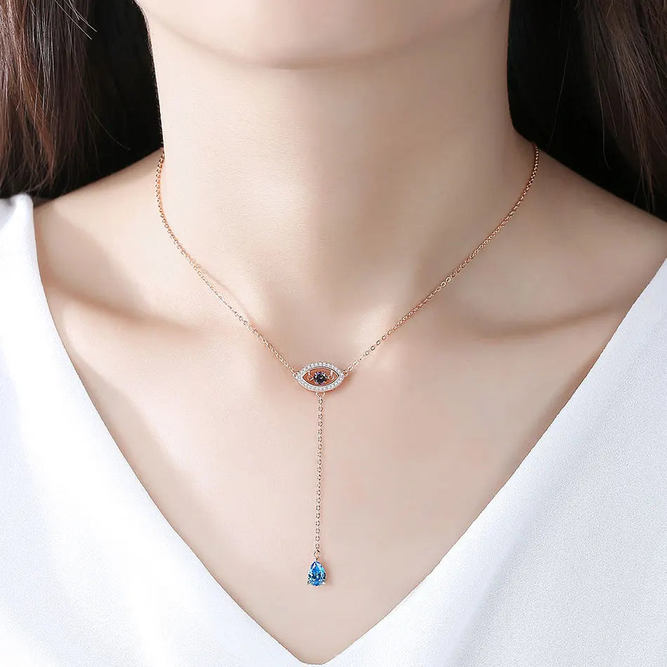 925 Sterling Silver Necklace Women Water Drop Pendant Evil E