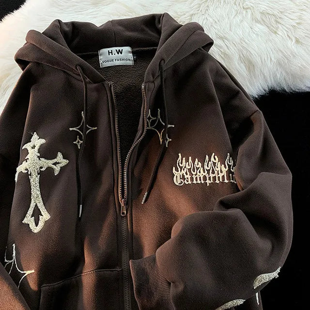 Gothic Embroidery Zip-Up Hoodie