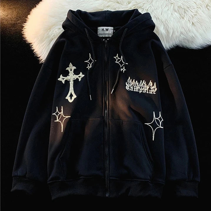 Gothic Embroidery Zip-Up Hoodie