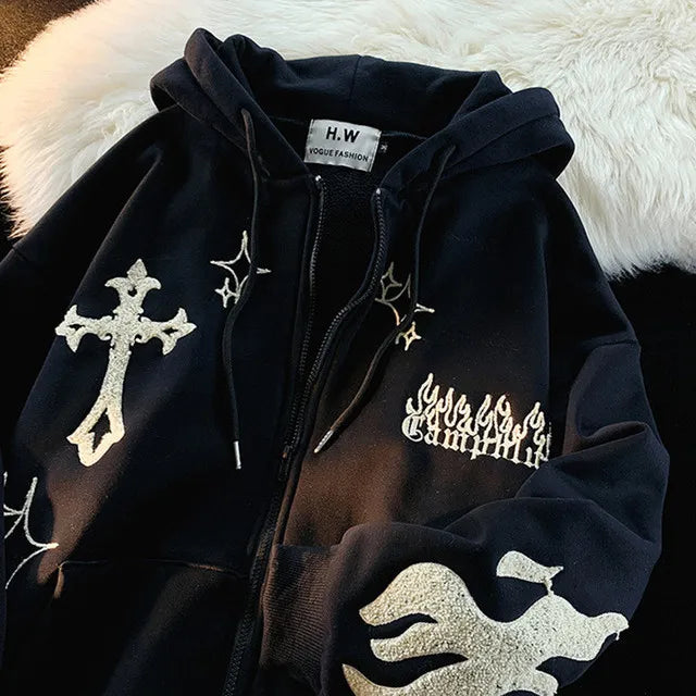 Gothic Embroidery Zip-Up Hoodie