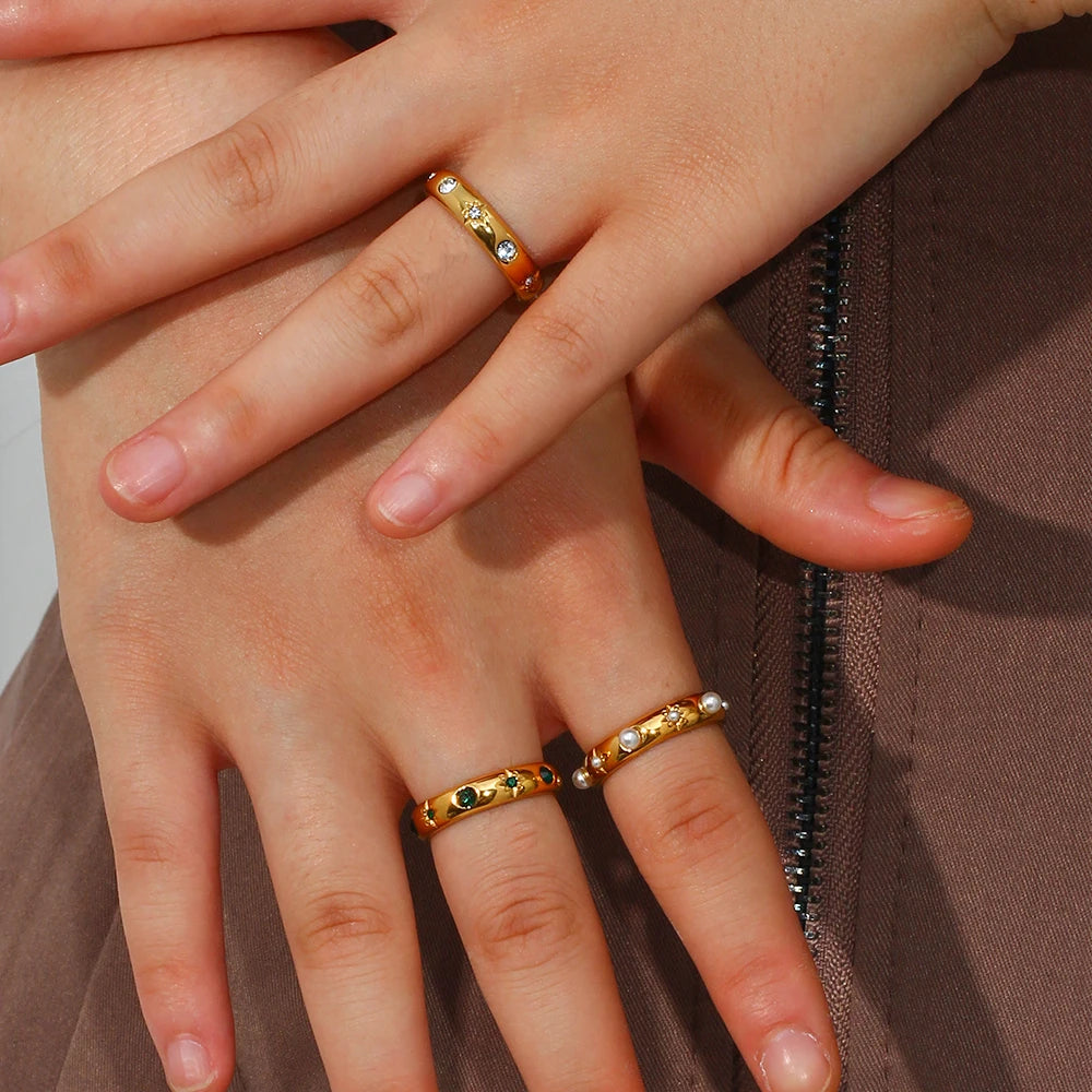 18K Gold Plated Green Zircon Pearl Rings For Women Waterproo