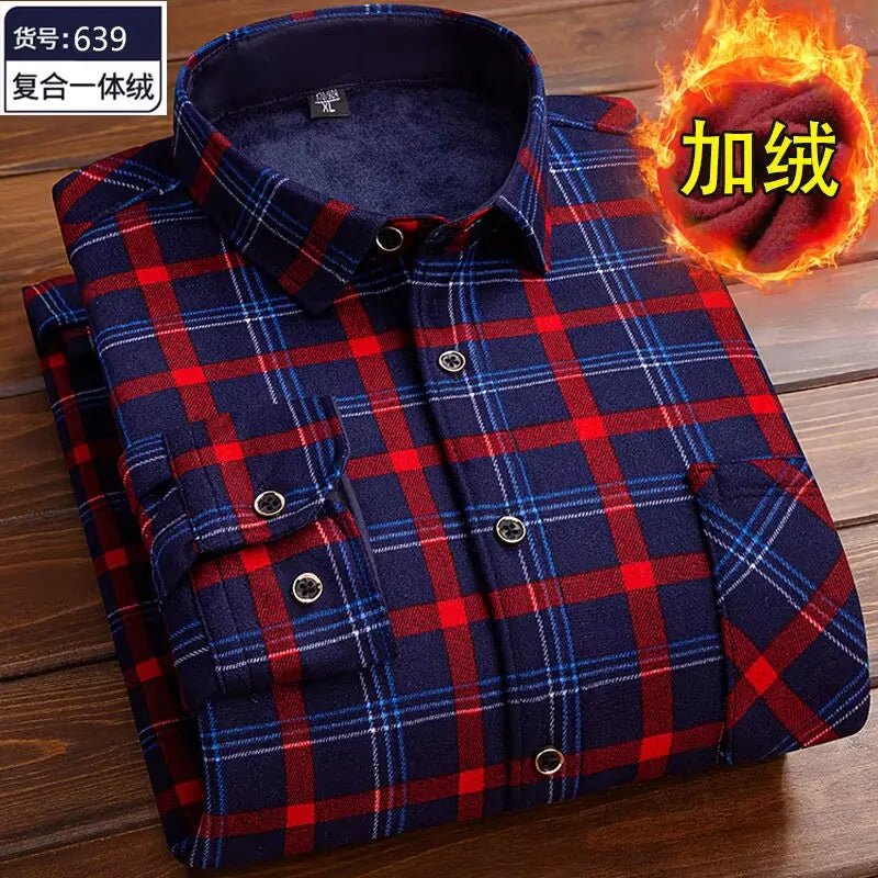 2024 Men Fleece Shirt New Autumn Winter Male Long Sleeve Pla - Jasmind Stores