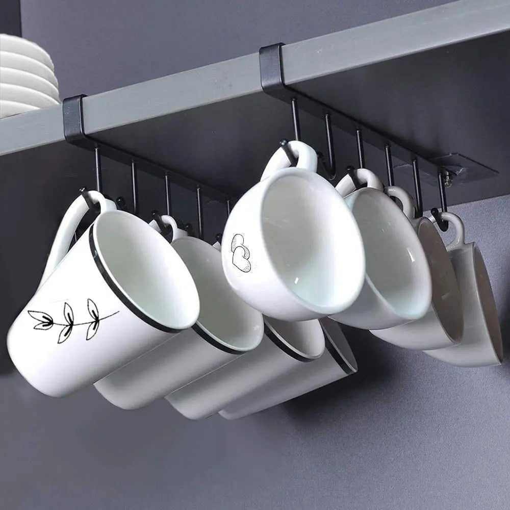 6 Hook Coffee Cup Mug Holder Black White Hooks Shelf Multifu - Jasmind Stores
