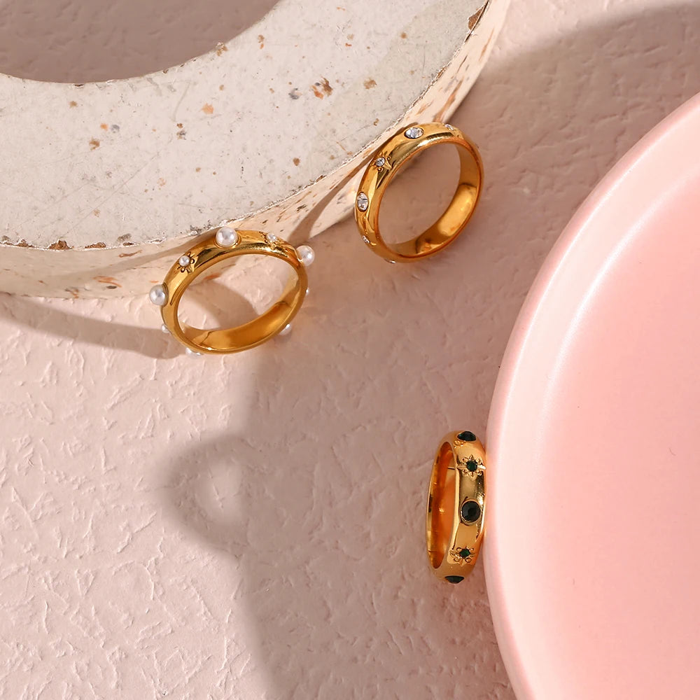 18K Gold Plated Green Zircon Pearl Rings For Women Waterproo