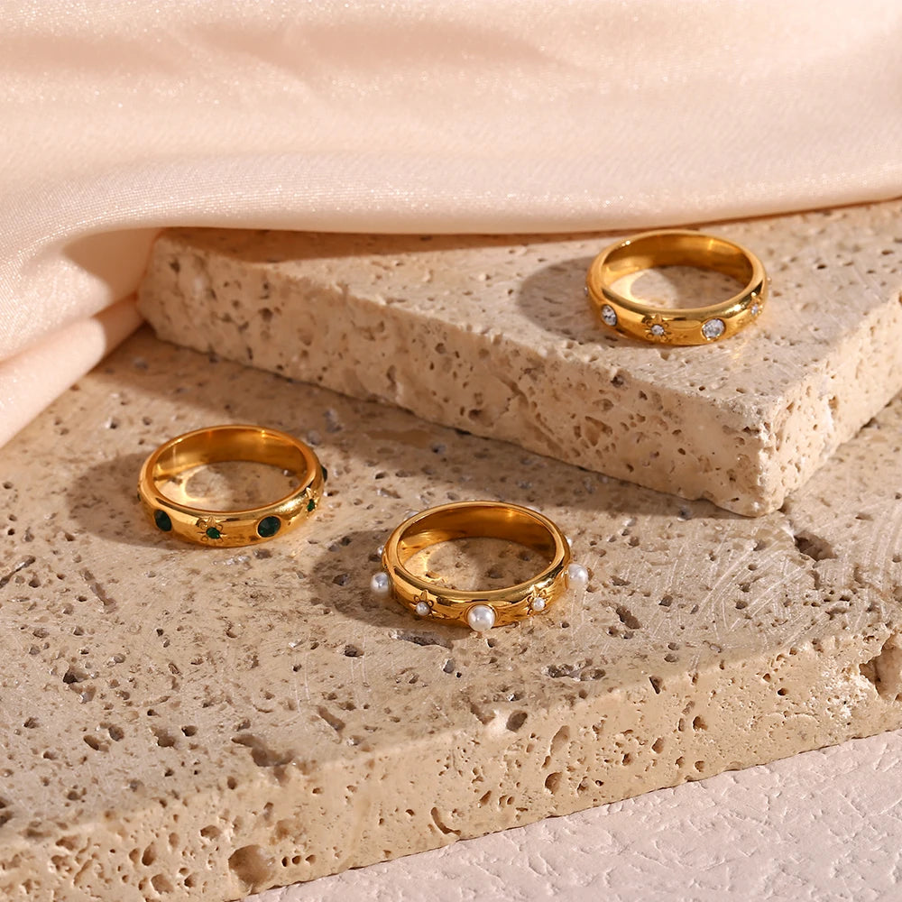 18K Gold Plated Green Zircon Pearl Rings For Women Waterproo