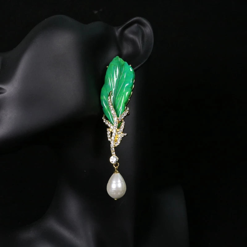 Green Leaves Long Pendant Baroque Style Earrings Pendant Acc
