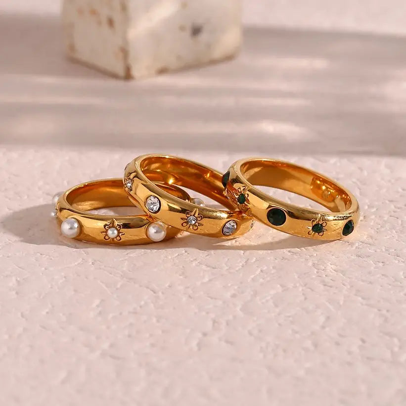 18K Gold Plated Green Zircon Pearl Rings For Women Waterproo