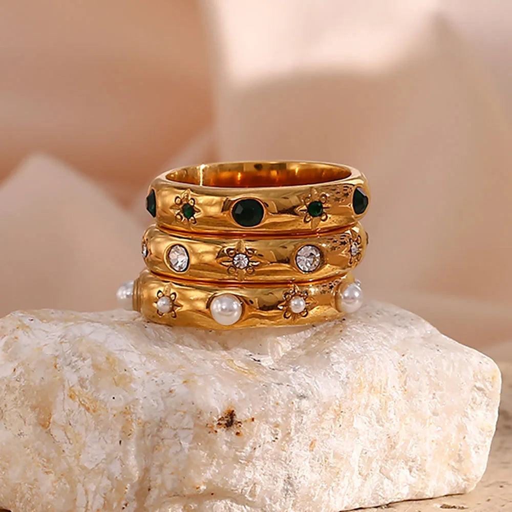 18K Gold Plated Green Zircon Pearl Rings For Women Waterproo