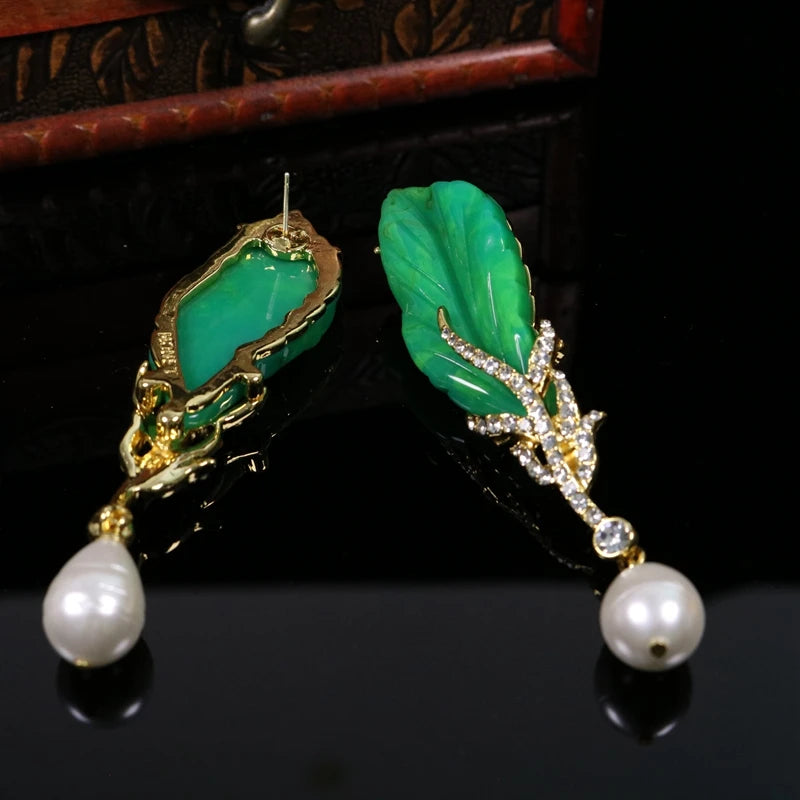 Green Leaves Long Pendant Baroque Style Earrings Pendant Acc