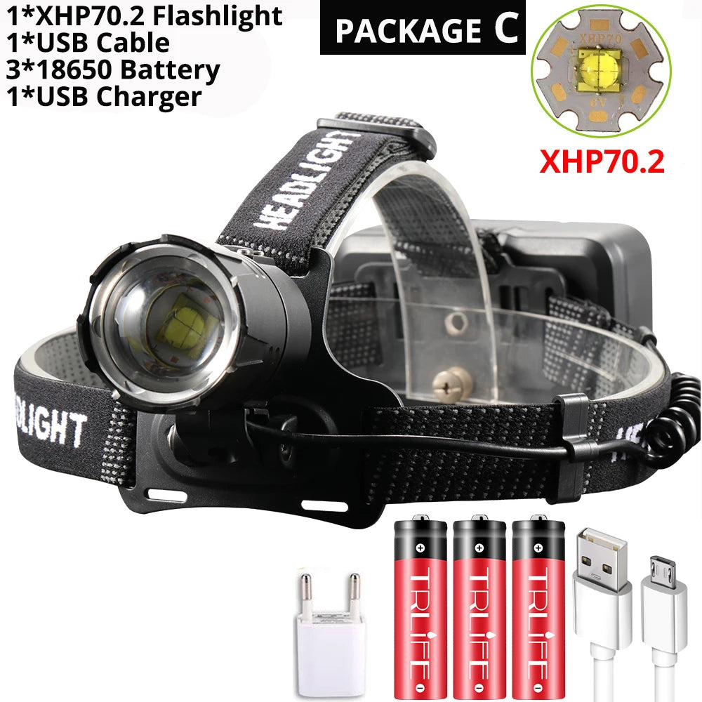 Super Bright XHP70.2 USB Rechargeable Led Headlamp XHP70 Mos
