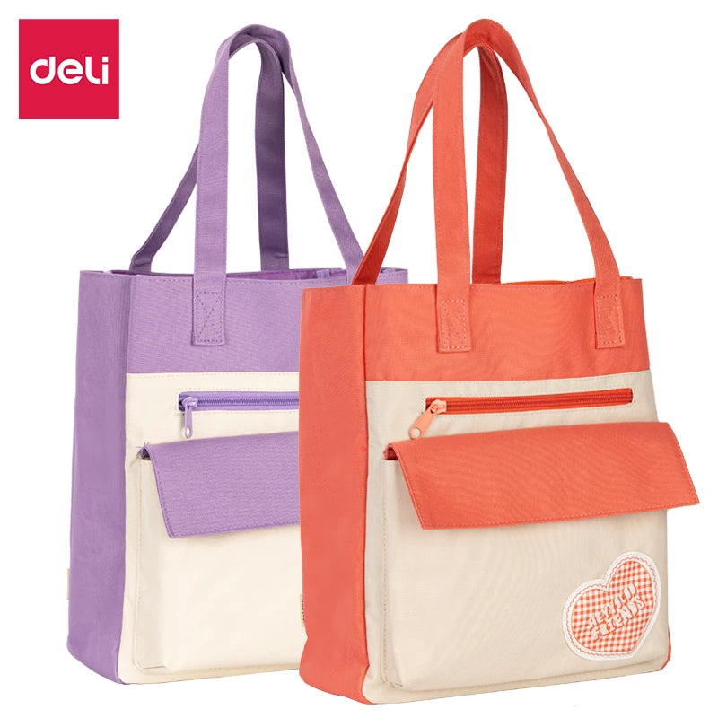 Deli BA174 Purple Orange Heart-shaped Tutorial Bag Large-capacity Portable Handbag Canvas Bag for Students 48pcs Per Carton Set