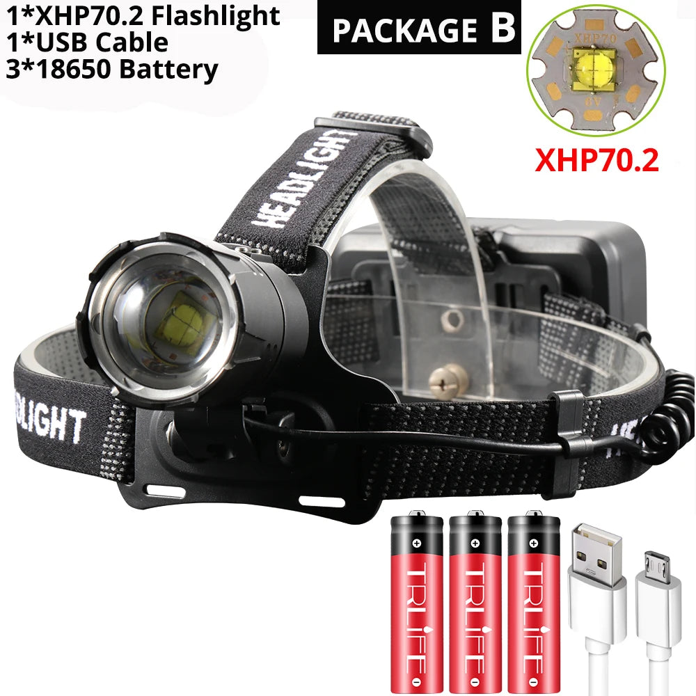 Super Bright XHP70.2 USB Rechargeable Led Headlamp XHP70 Mos