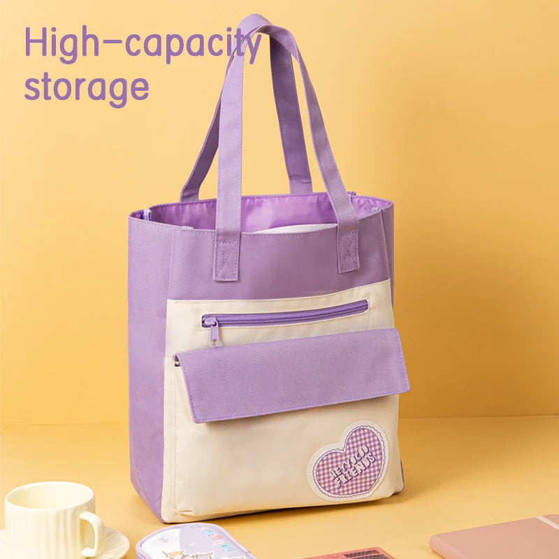 Deli BA174 Purple Orange Heart-shaped Tutorial Bag Large-capacity Portable Handbag Canvas Bag for Students 48pcs Per Carton Set