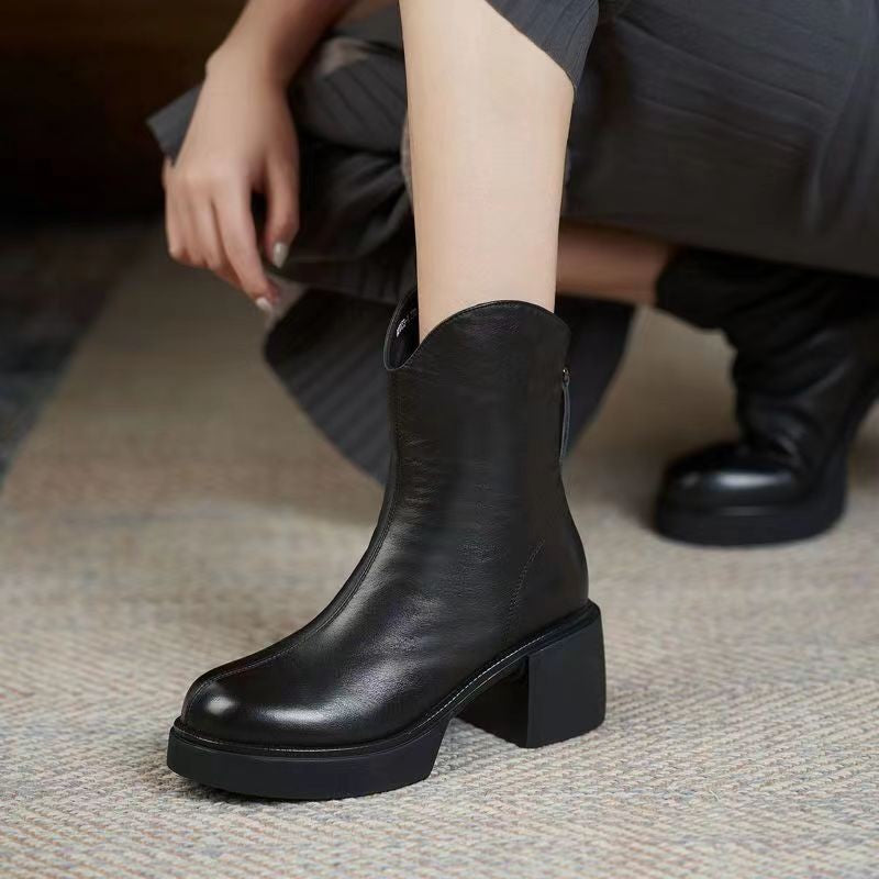 Women's Autumn And Winter Thick Heel Real Soft Leather High