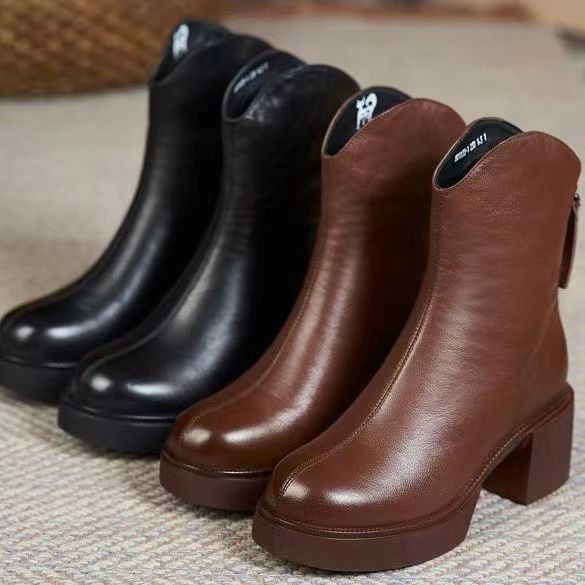 Women's Autumn And Winter Thick Heel Real Soft Leather High