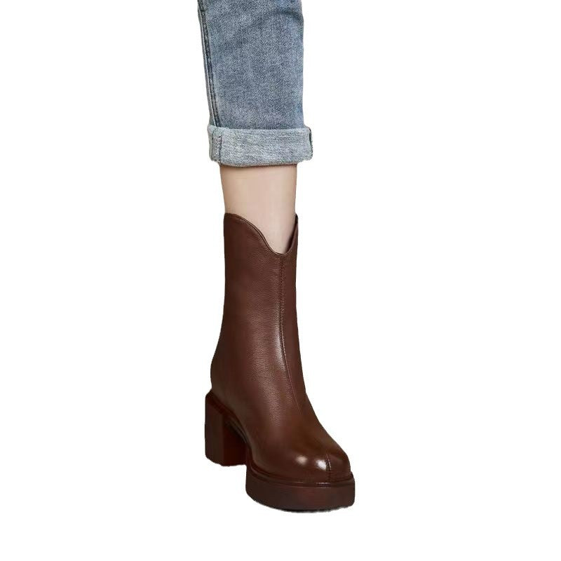 Women's Autumn And Winter Thick Heel Real Soft Leather High