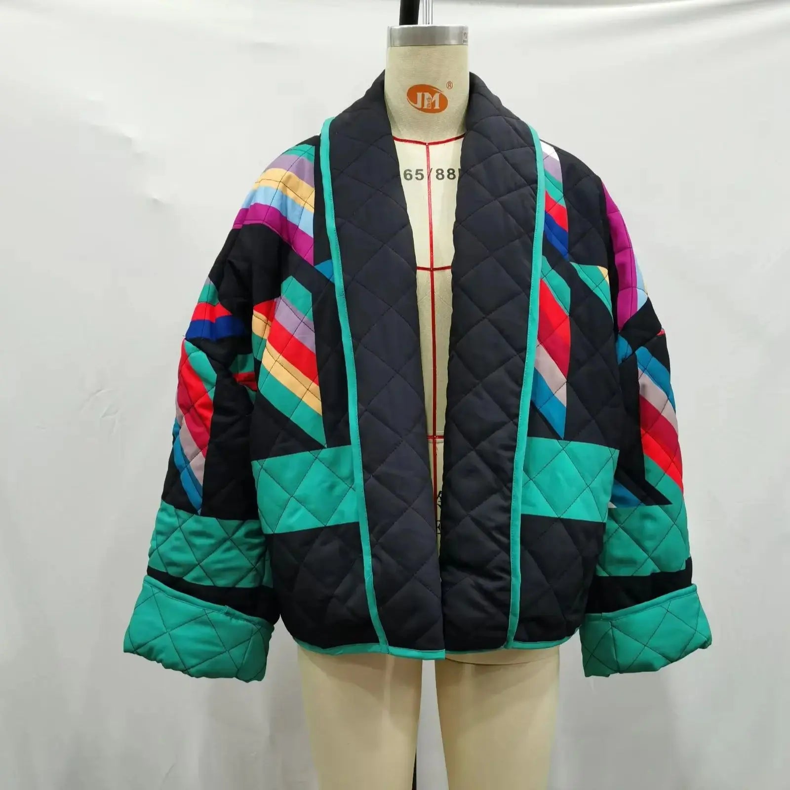 Winter Black Green Geometric Plaid Print Lapel Quilted Coat Ethnic Women Quilting Full Sleeve Warm Loose Jacket Retro Outerwear