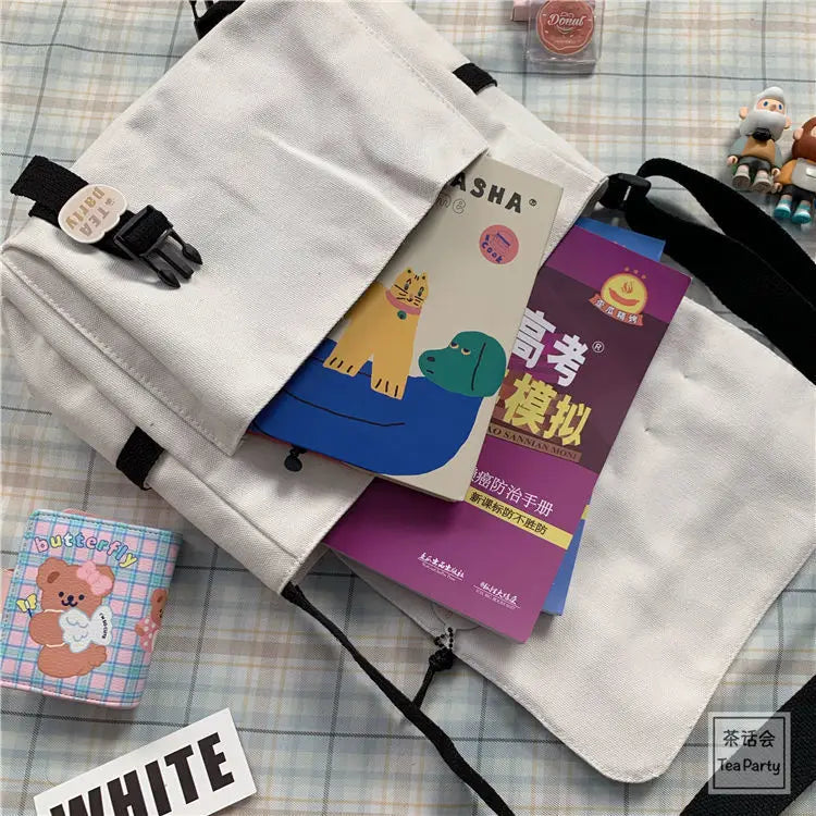 Japanese Harajuku Versatile Canvas Women Messenger Bags Solid Color Flip Casual Handbag Shoulder Bag Teenager Girl Crossbody Bag