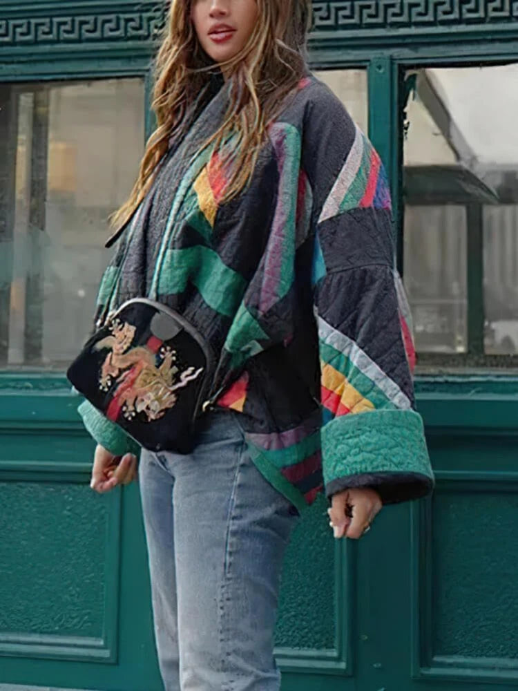 ZBZA Women's Patchwork Print Jacket Loose Warm Long Flare Sleeve V-neck Non Buttoned Casual Street Coat Winter New Chic Jacket