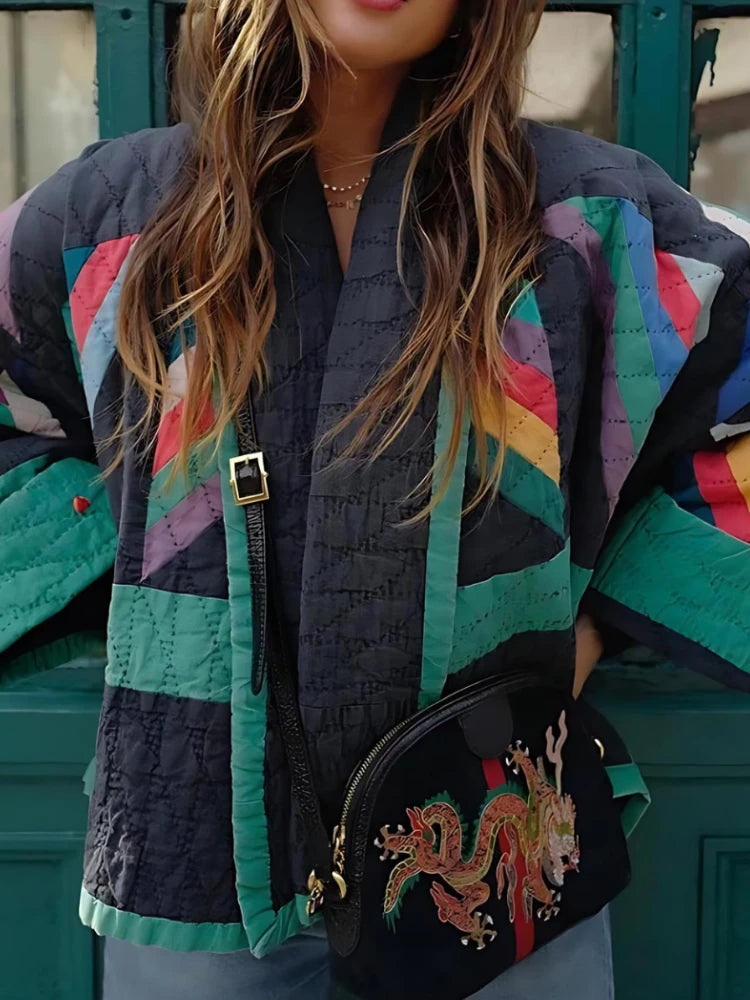 ZBZA Women's Patchwork Print Jacket Loose Warm Long Flare Sleeve V-neck Non Buttoned Casual Street Coat Winter New Chic Jacket