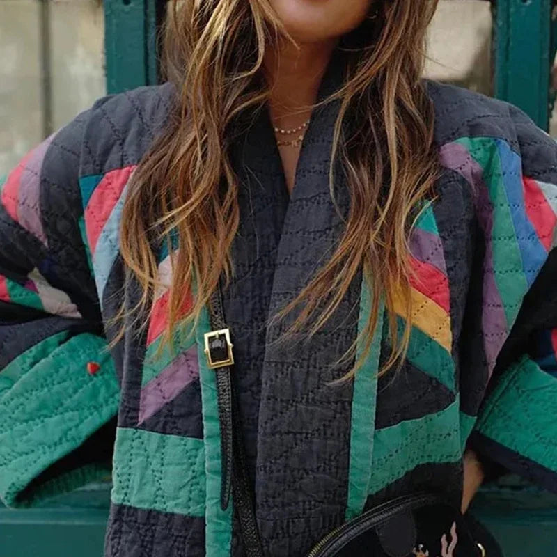 Colour Blocking Cotton-padded Women Jacket Loose Casual Spliced Thickened Warm Winter Coat Female Outwear Street Style Tops