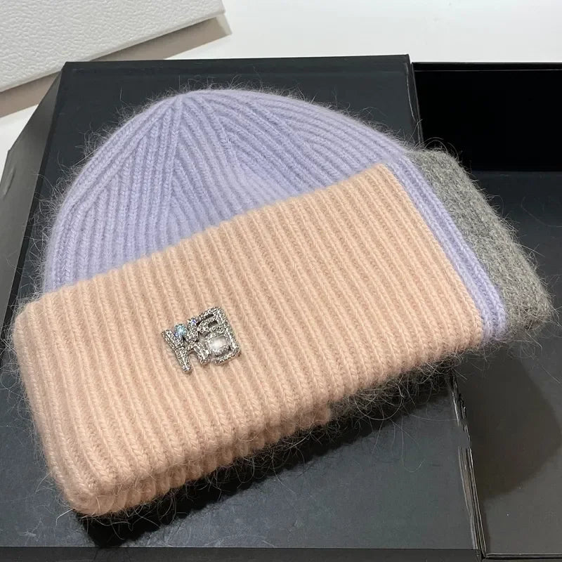 New Color Matching Beanies for Women Rabbit Fur Soft Fluffy