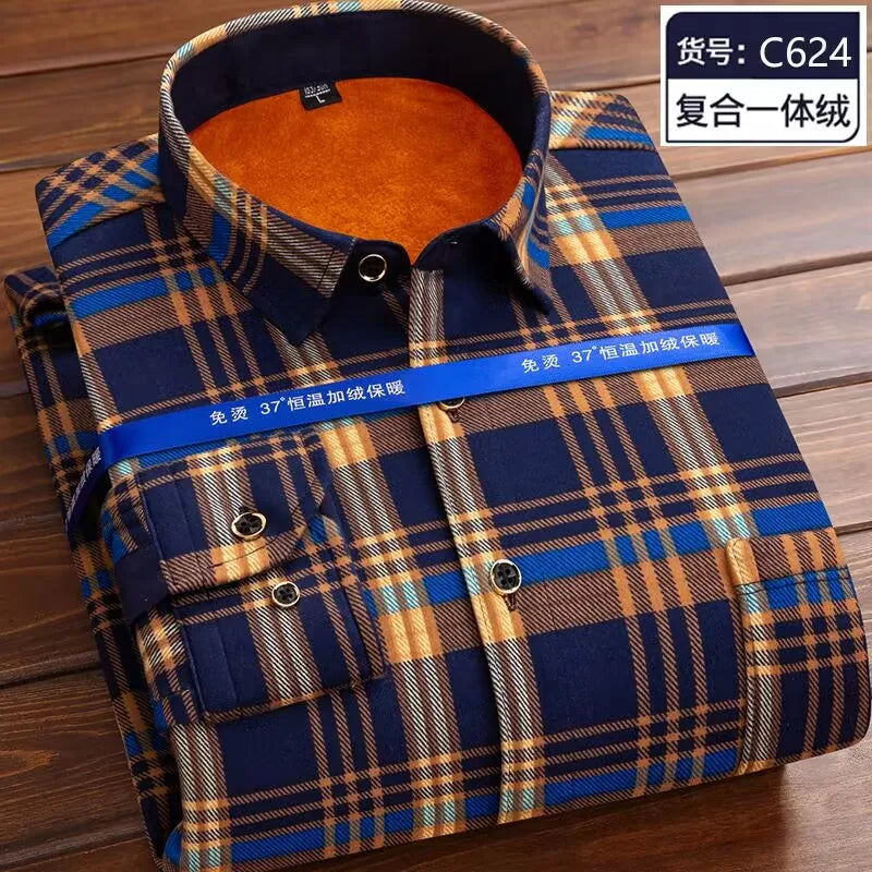 2024 Men Fleece Shirt New Autumn Winter Male Long Sleeve Pla