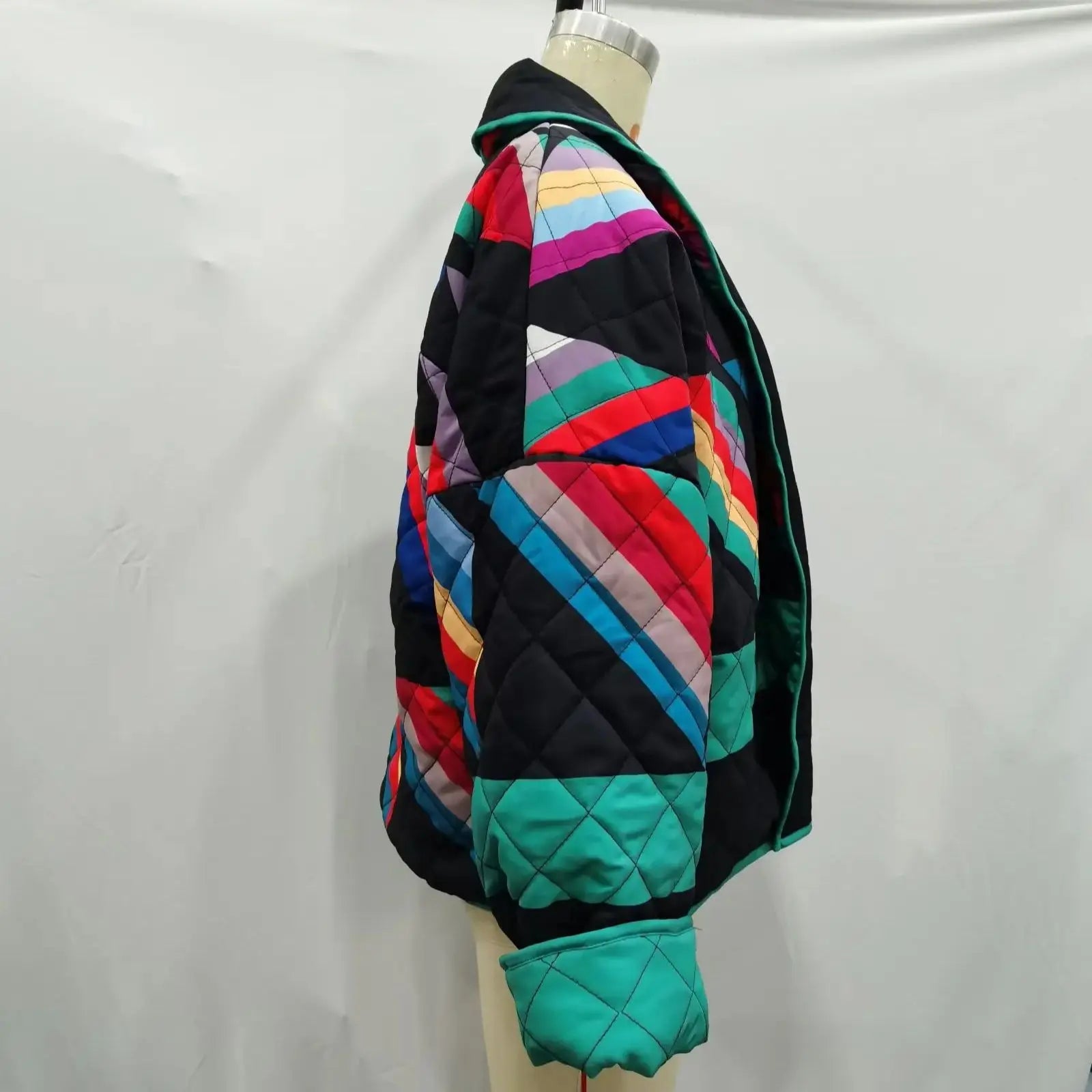 Winter Black Green Geometric Plaid Print Lapel Quilted Coat Ethnic Women Quilting Full Sleeve Warm Loose Jacket Retro Outerwear