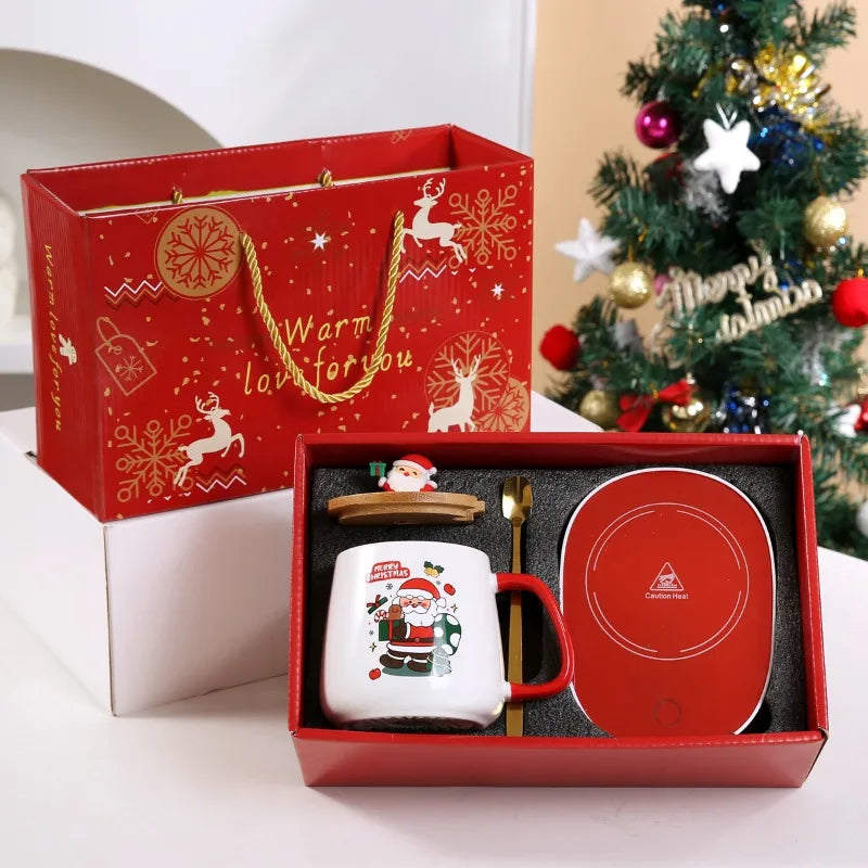 Christmas gift set: 55-degree warm ceramic cup with lid, Santa Claus mug, office coffee cup