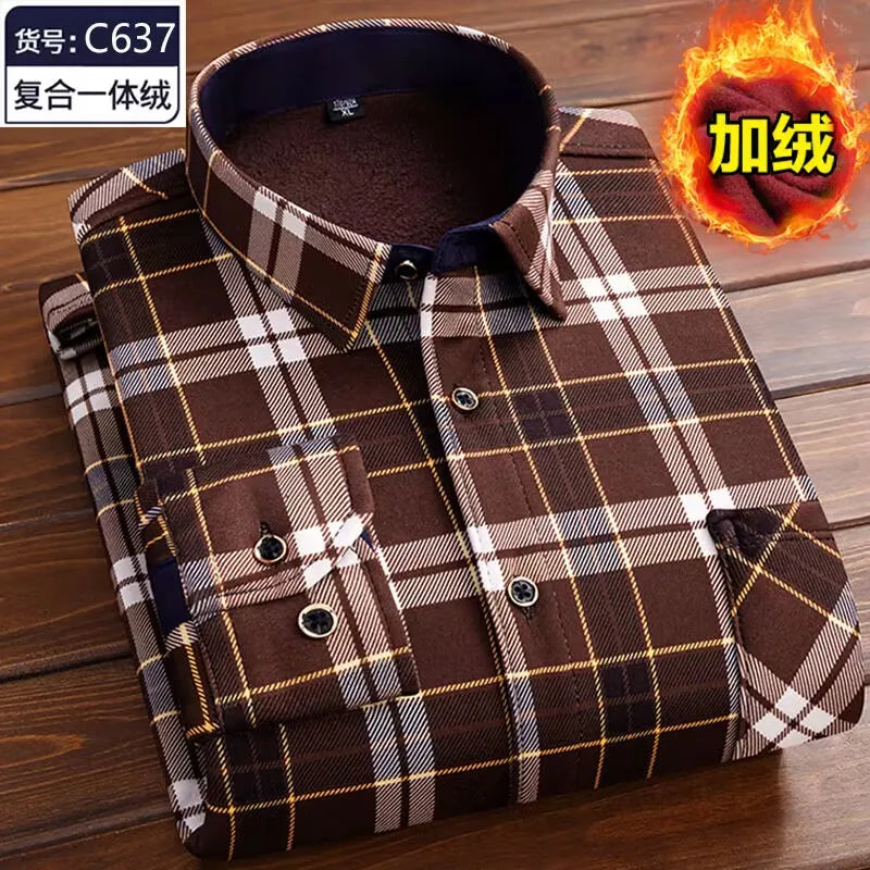 2024 Men Fleece Shirt New Autumn Winter Male Long Sleeve Pla
