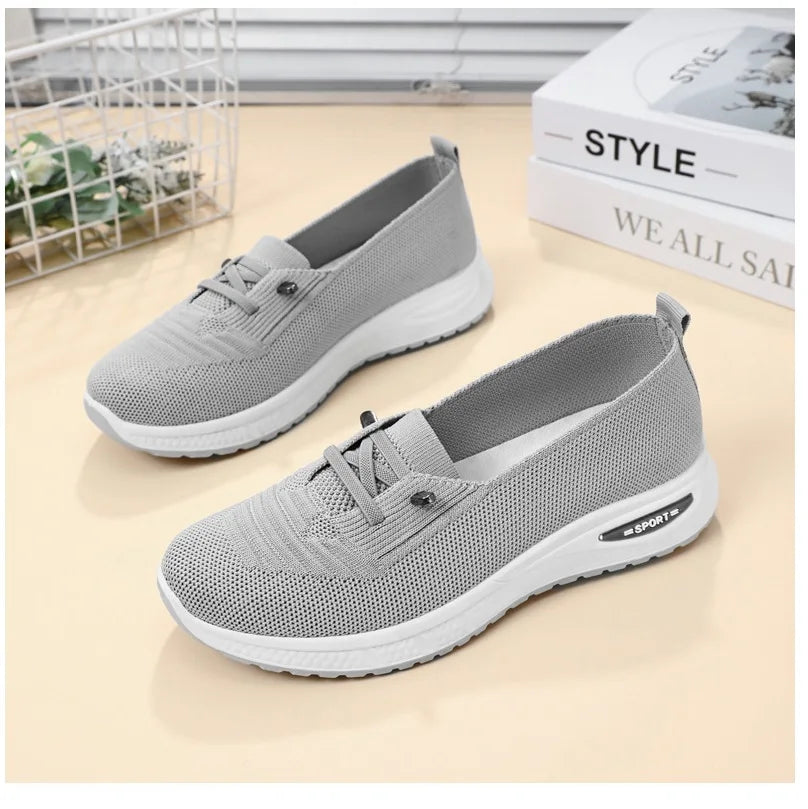 Women's Breathable Knitted Mesh Slip-On Sneaker Woman Lace Up Orthopedic Low Top Soft Loafer Shoes Big Size 43 Platform Trainers