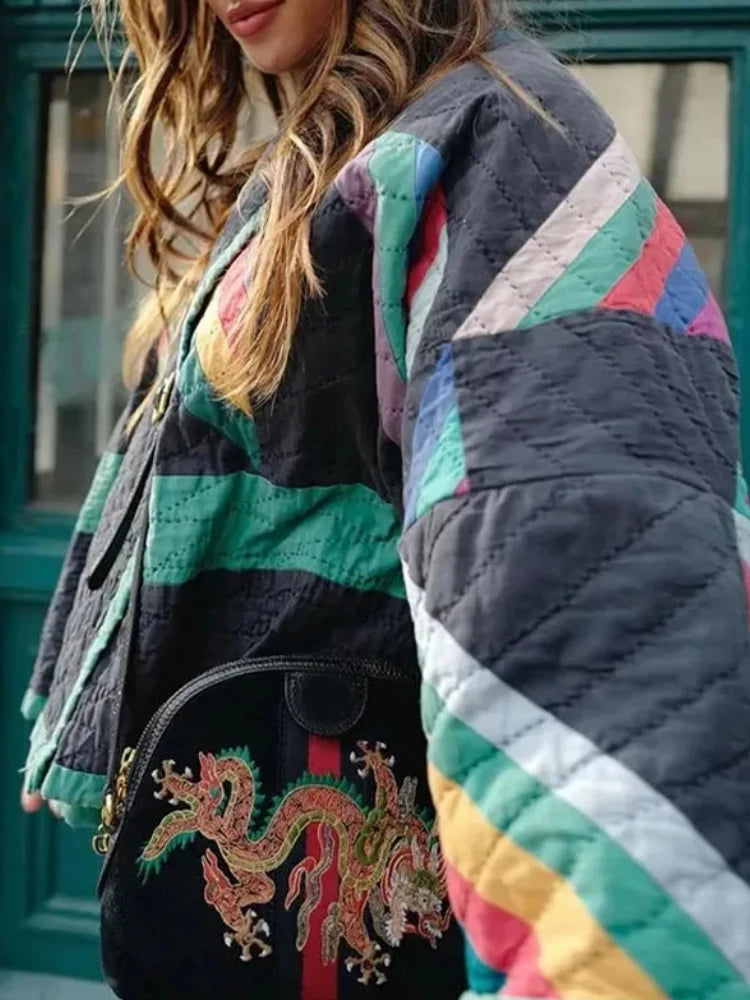 ZBZA Women's Patchwork Print Jacket Loose Warm Long Flare Sleeve V-neck Non Buttoned Casual Street Coat Winter New Chic Jacket