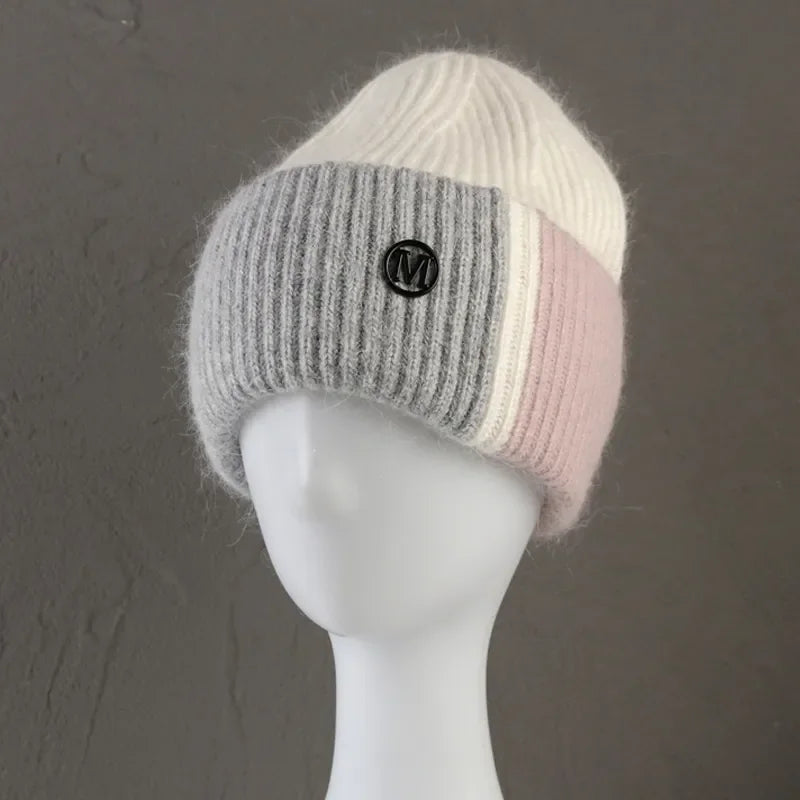 New Color Matching Beanies for Women Rabbit Fur Soft Fluffy