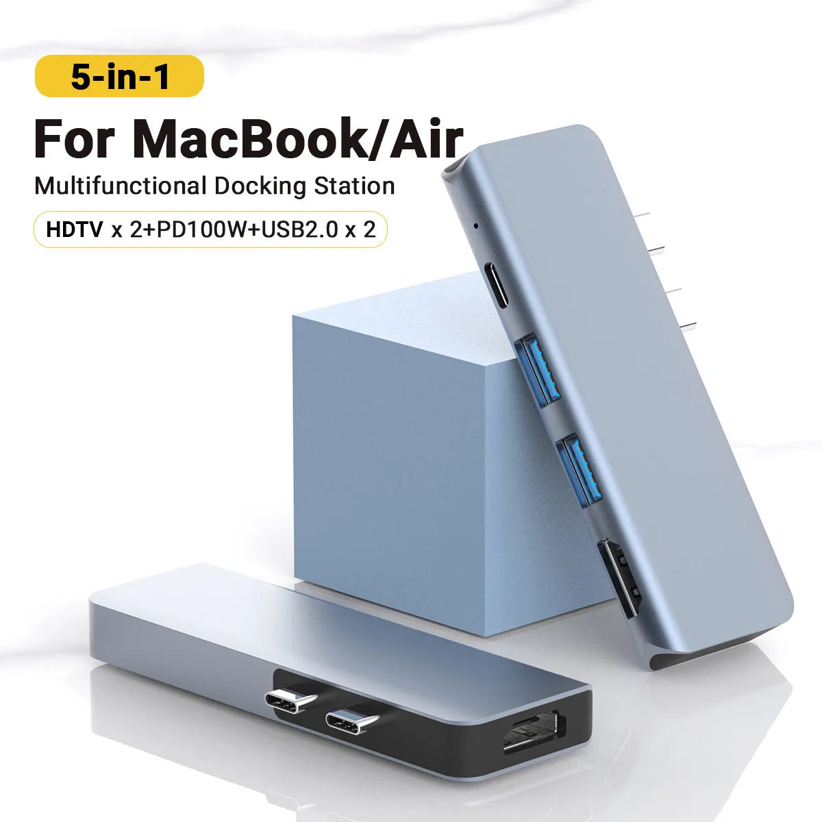 5-in-1 USB-C Hub Laptop Docking Station USB C to Dual HDMI Adapter with 4K 60Hz HDMI*2, PD100W , USB2.0 Port for MacBook Pro/Air