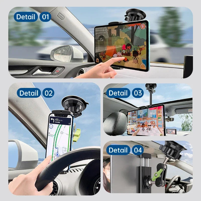 Aluminum Alloy Car Tablet Support 360° Rotation Adjustable Stand with Suction Cup Mount for 4-12.9 Inch Tablets Mobile Phones