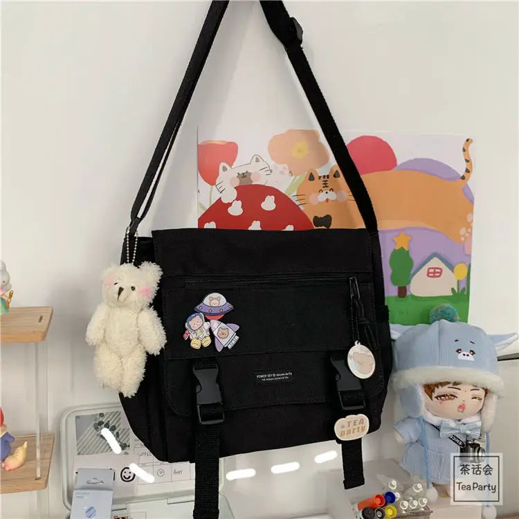 Japanese Harajuku Versatile Canvas Women Messenger Bags Solid Color Flip Casual Handbag Shoulder Bag Teenager Girl Crossbody Bag