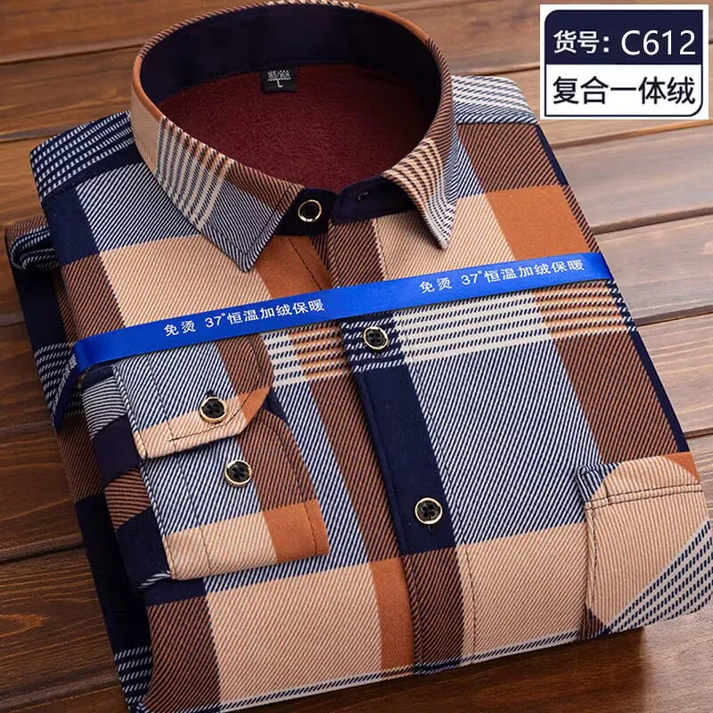 2024 Men Fleece Shirt New Autumn Winter Male Long Sleeve Pla