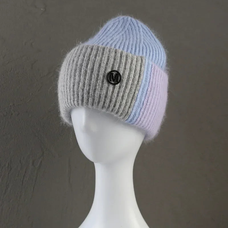 New Color Matching Beanies for Women Rabbit Fur Soft Fluffy
