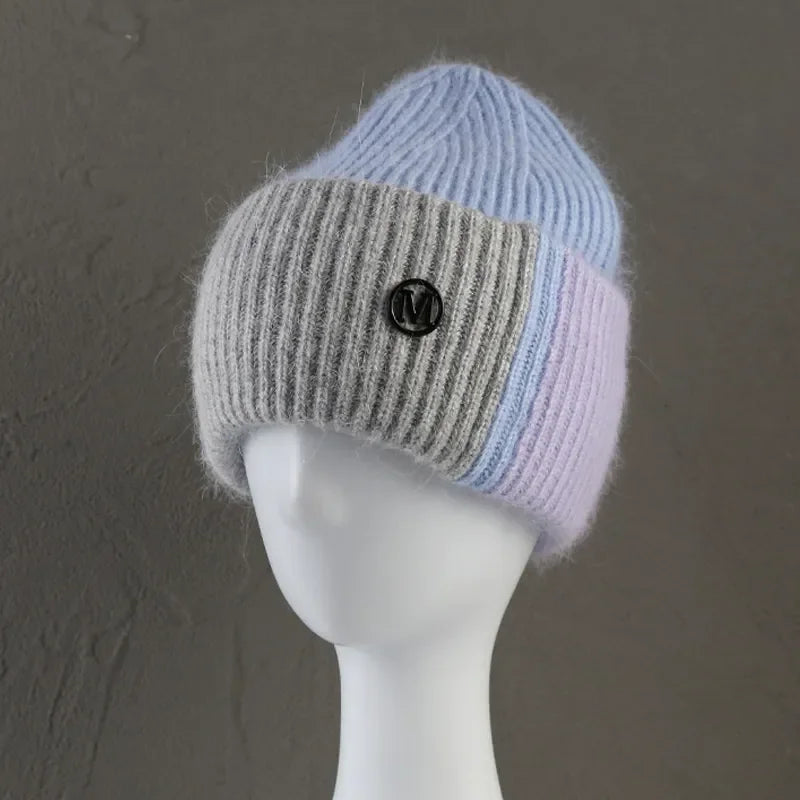 New Color Matching Beanies for Women Rabbit Fur Soft Fluffy