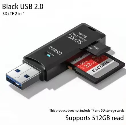 2-in-1 Multi Functional  High-speed USB 3.0/2.0 Card Reader Supports TF+SD Computer Tablet Camera Laptop Car Mounted