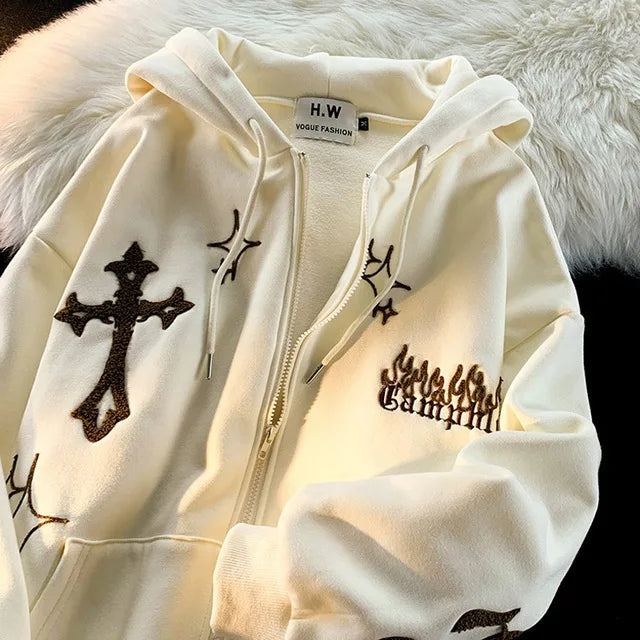 Gothic Embroidery Zip-Up Hoodie