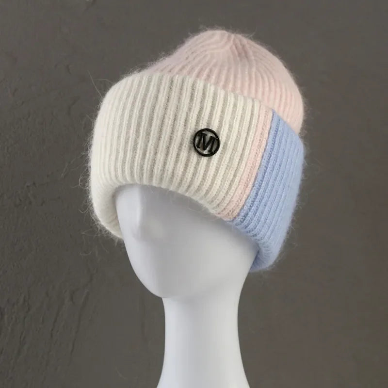 New Color Matching Beanies for Women Rabbit Fur Soft Fluffy