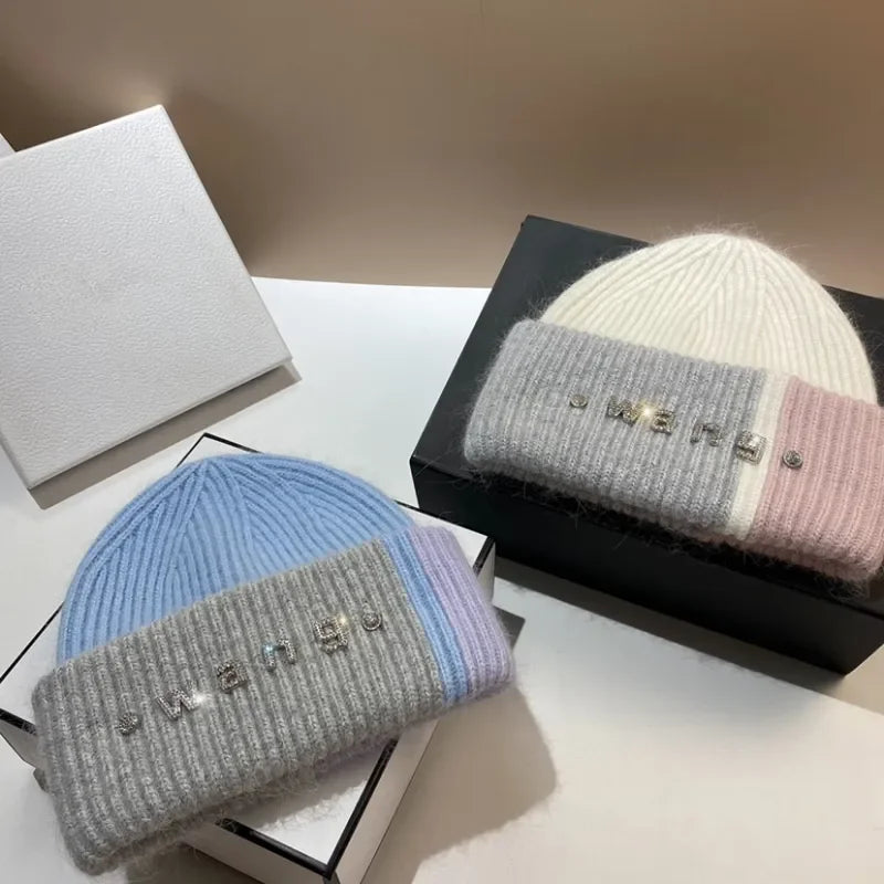 New Color Matching Beanies for Women Rabbit Fur Soft Fluffy