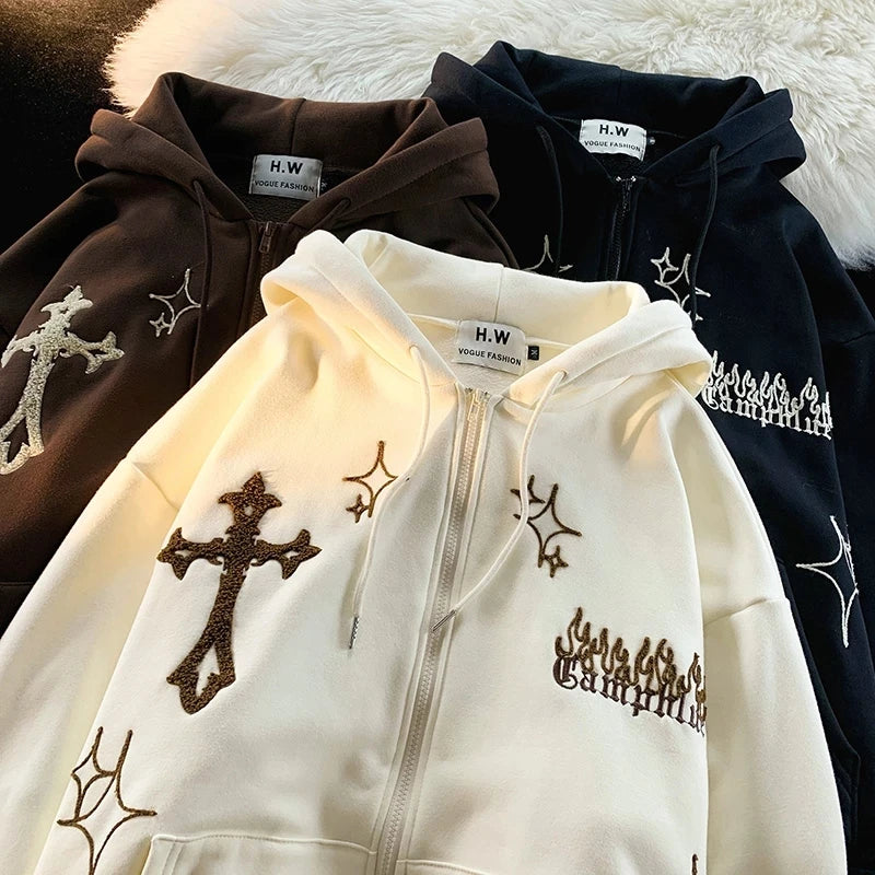 Gothic Embroidery Zip-Up Hoodie