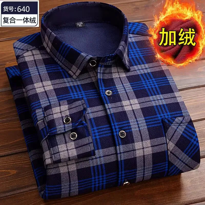 2024 Men Fleece Shirt New Autumn Winter Male Long Sleeve Pla