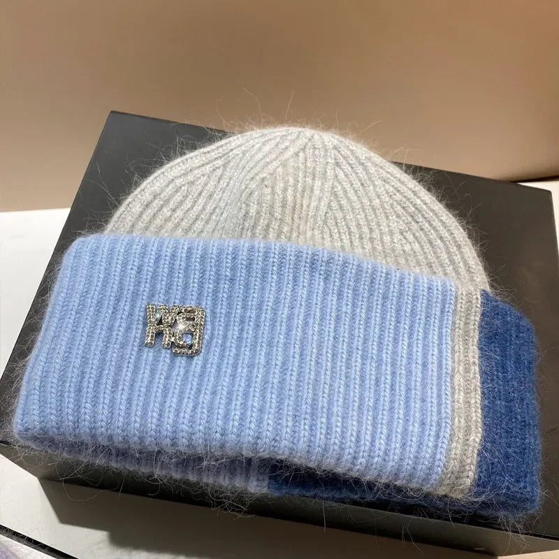 New Color Matching Beanies for Women Rabbit Fur Soft Fluffy