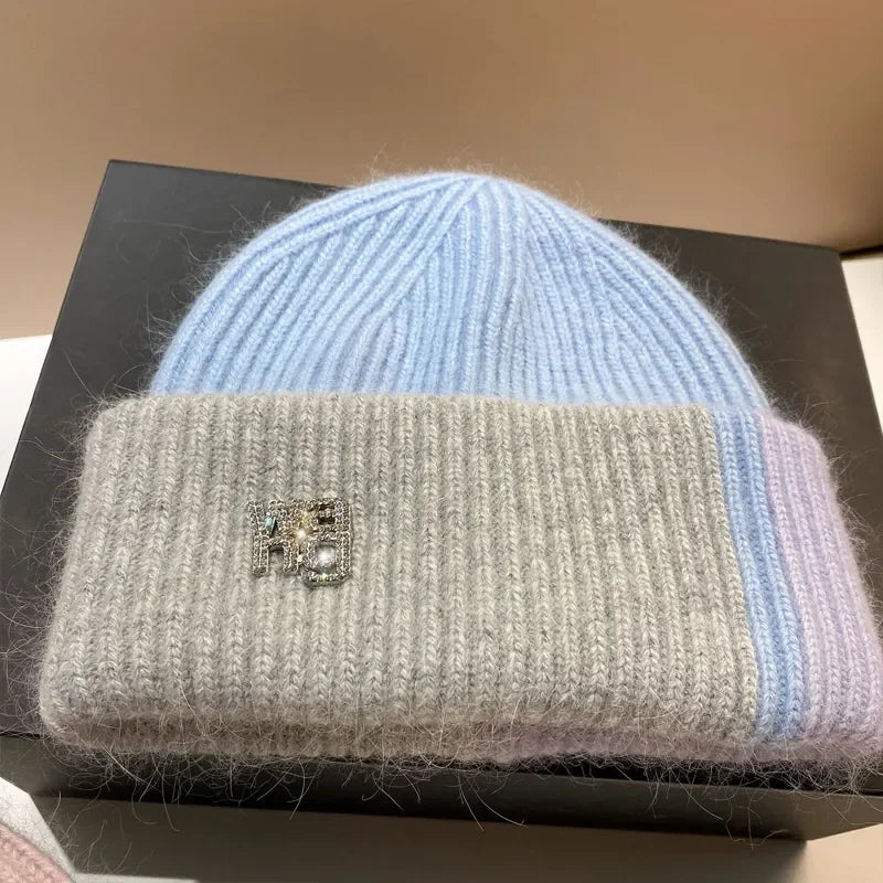 New Color Matching Beanies for Women Rabbit Fur Soft Fluffy