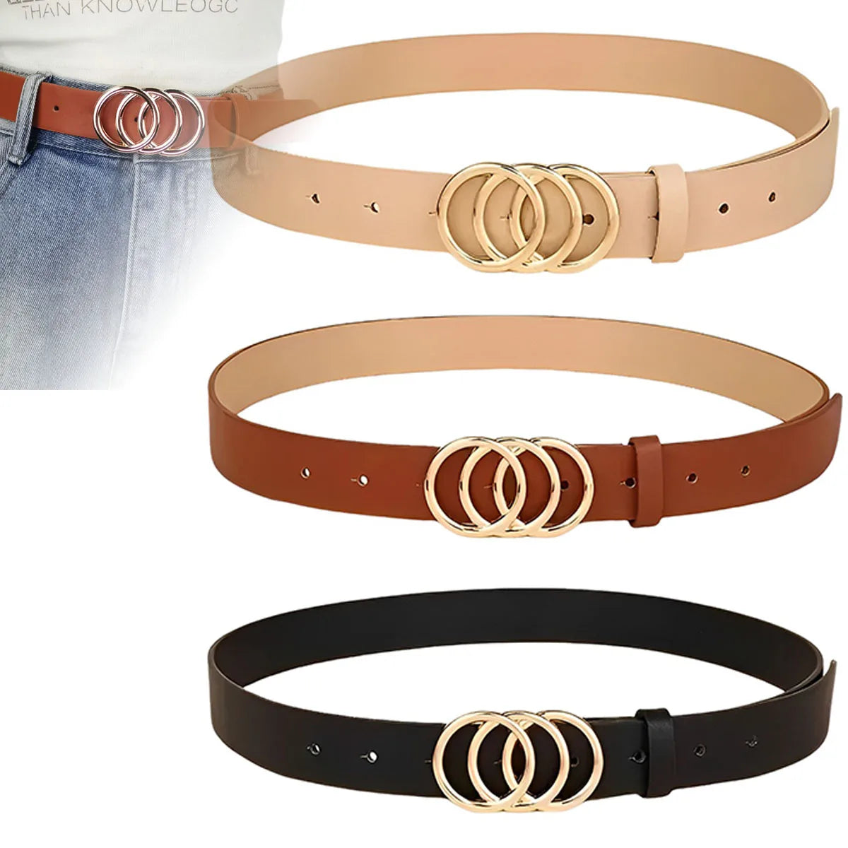 Women's Belt Trend Triple Round Buckle Belt Simple Versatile